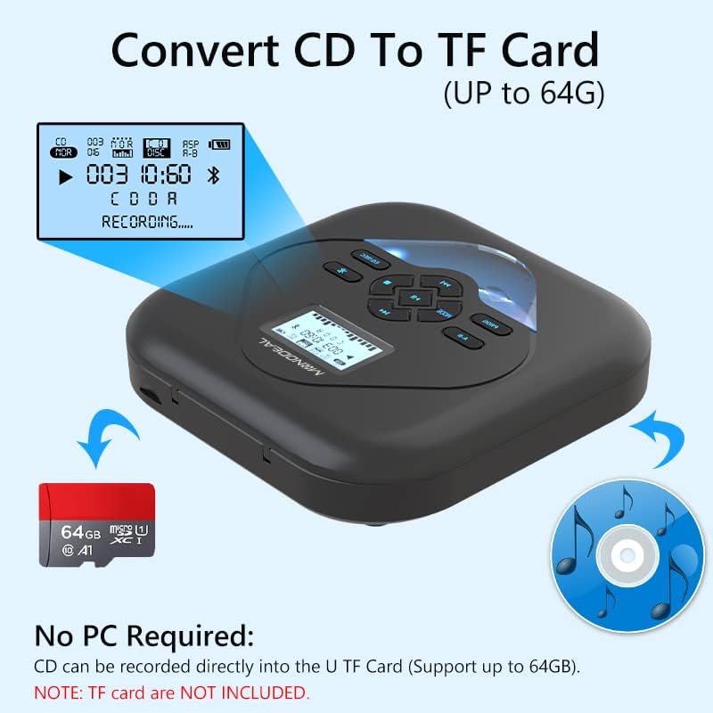 MONODEAL CD Player Portable,Bluetooth CD Player with Speakers,Rechargeable Walkman CD Player for Car and Home,Small Anti-Skip CD Player with Dual Headphone Jacks,WAV/FLAC/MP3/CD Compatible