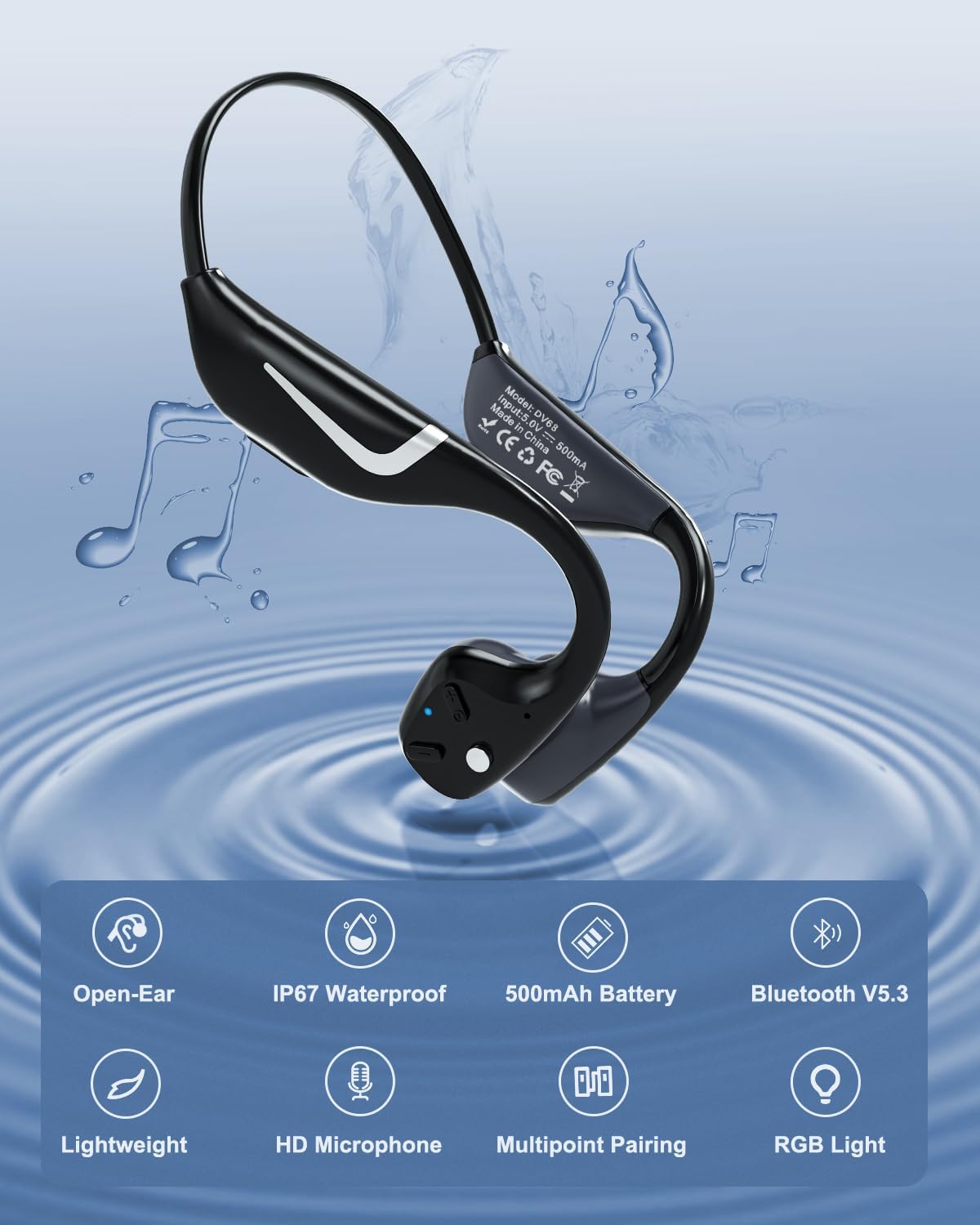 MONODEAL Bone Conduction Headphones Bluetooth, Open Ear Headphones with Mic, IP67 Waterproof Sport Headset Long Battery Life 15Hrs Wireless Earphones for Running Workout Cycling