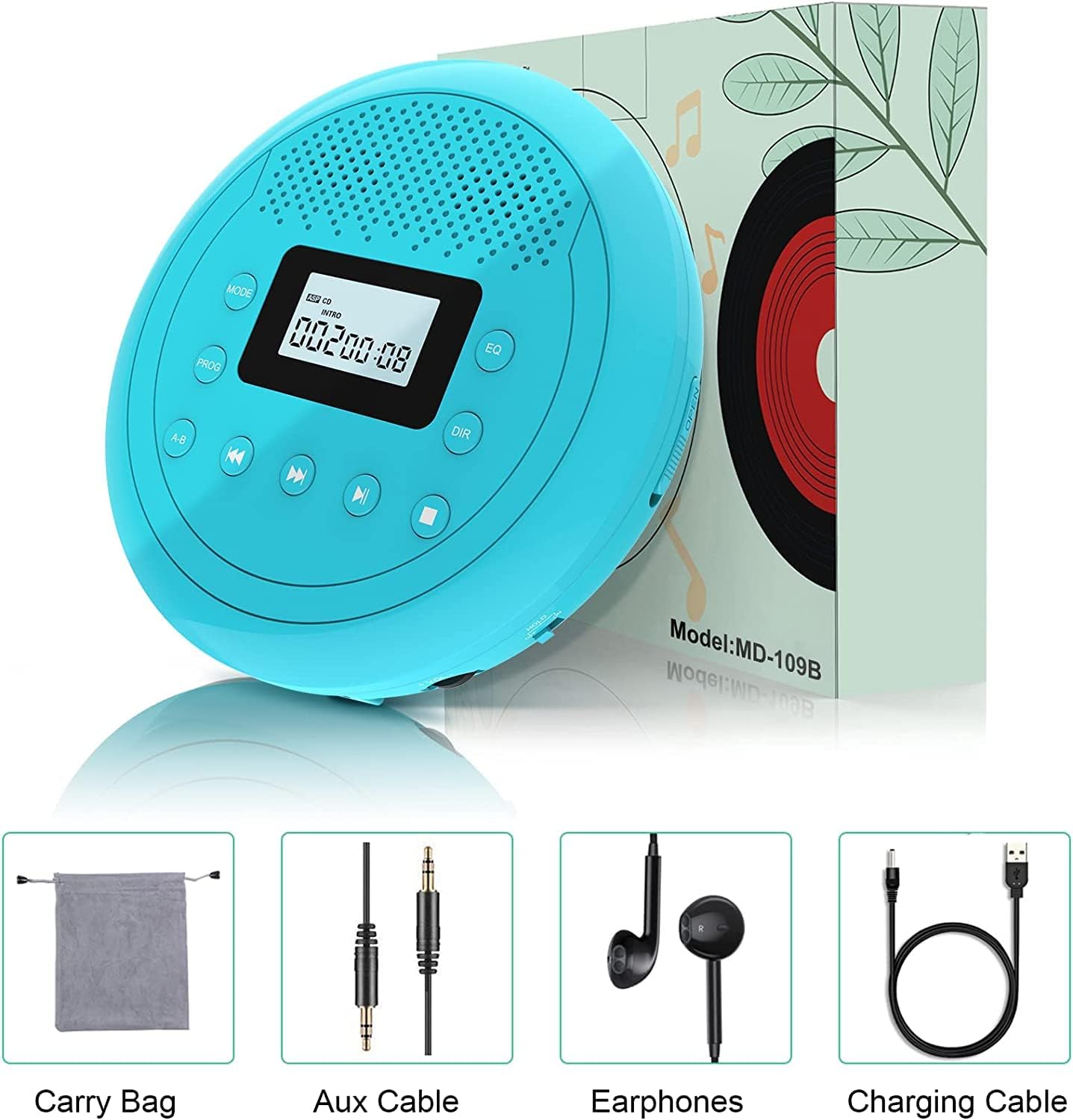 CD Player Portable | Speaker Built-in Rechargeable CD Player by Monodeal | Walkman CD Player for Car and Home, Kids, Anti-Skip CD Player with Headphones(Cyan-Blue)