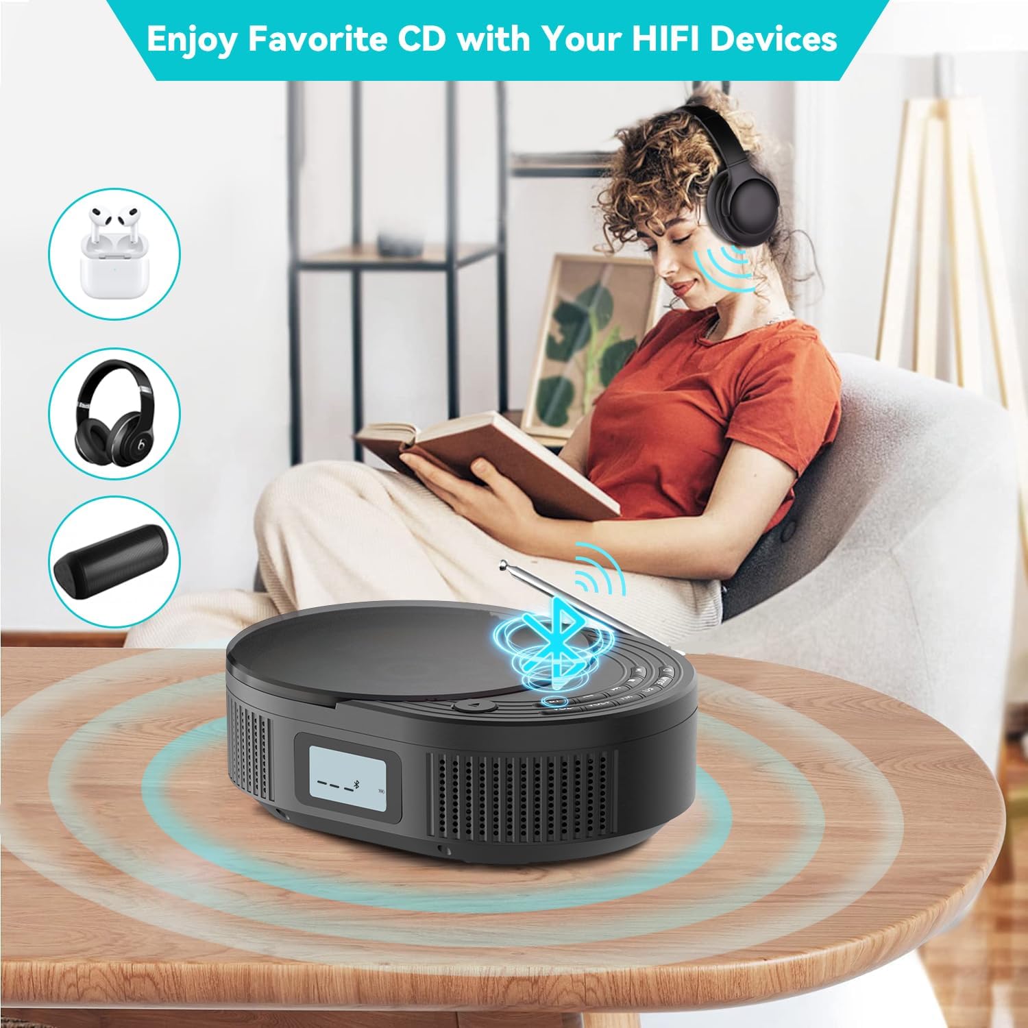 (Wholesell only) MONODEAL  MD708 CD Player Portable,Bluetooth Boombox CD Player with Speakers,Portable FM Radio(Favourite Memory,LED,IPX4,Clock,Alarm Timer,USB,Headphone Jack,BatteryPower Supply,6W)