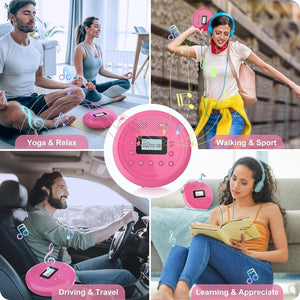 MONODEAL CD Player Portable, Rechargeable CD Player with Speakers, Anti-Skip CD Player for Car and Home, Walkman CD Player with Headphones for Audio Book Music (Rose Red)