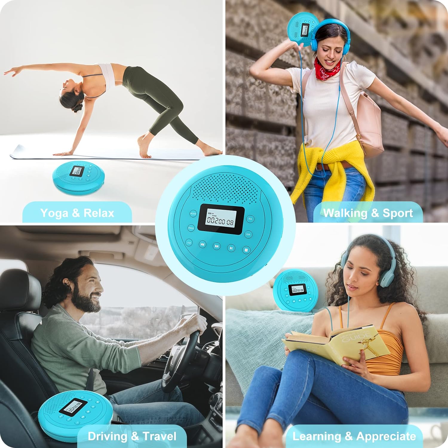 CD Player Portable | Speaker Built-in Rechargeable CD Player by Monodeal | Walkman CD Player for Car and Home, Kids, Anti-Skip CD Player with Headphones(Cyan-Blue)