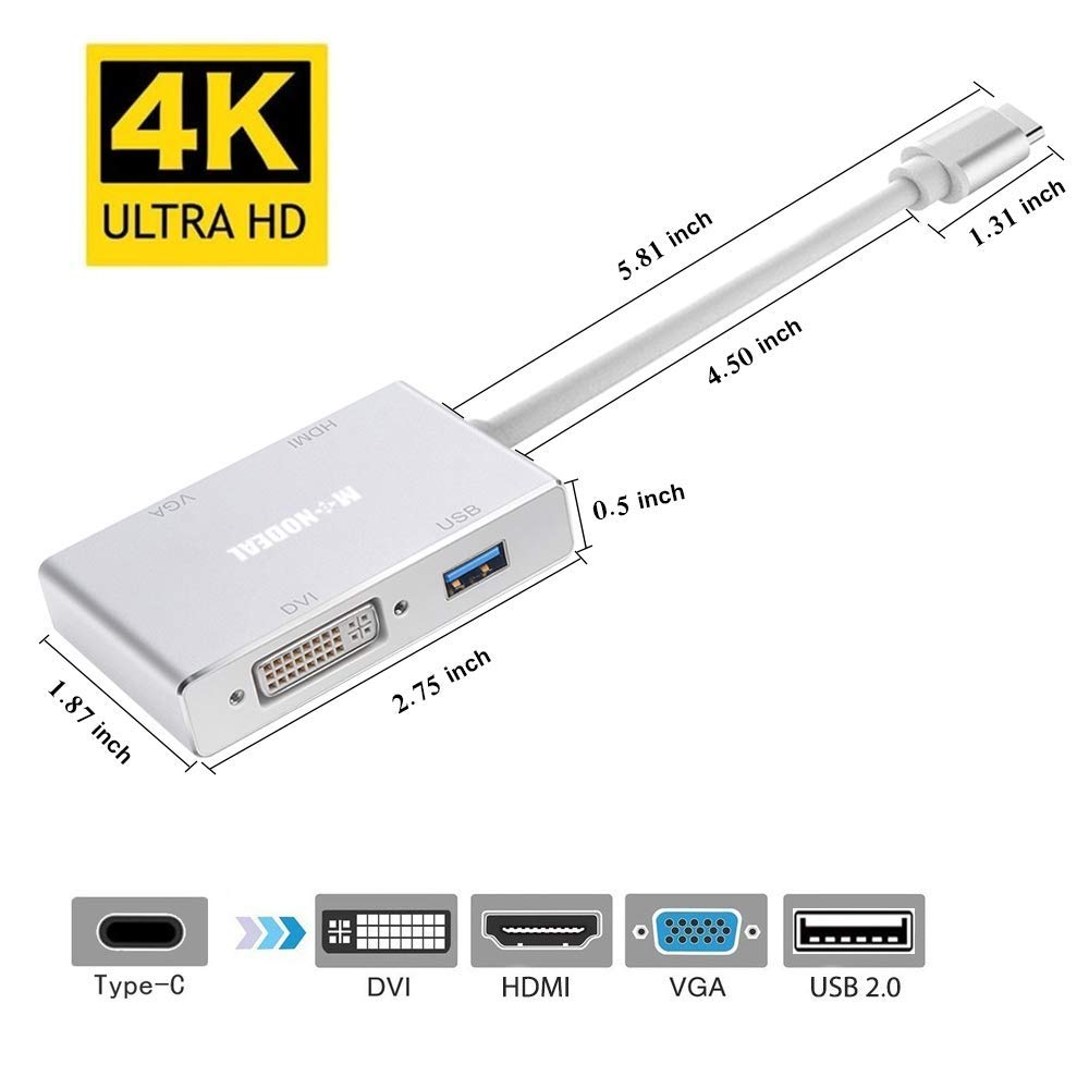 USB C to HDMI/DVI/VGA Adapter, Monodeal 4 in 1 USB 3.0 Type-C Hub VGA/HDMI/DVI Video Adapter 4K UHD, Support HDMI&VGA, DVI&VGA Simultaneously, Male to Female Multi-Display Video Converter