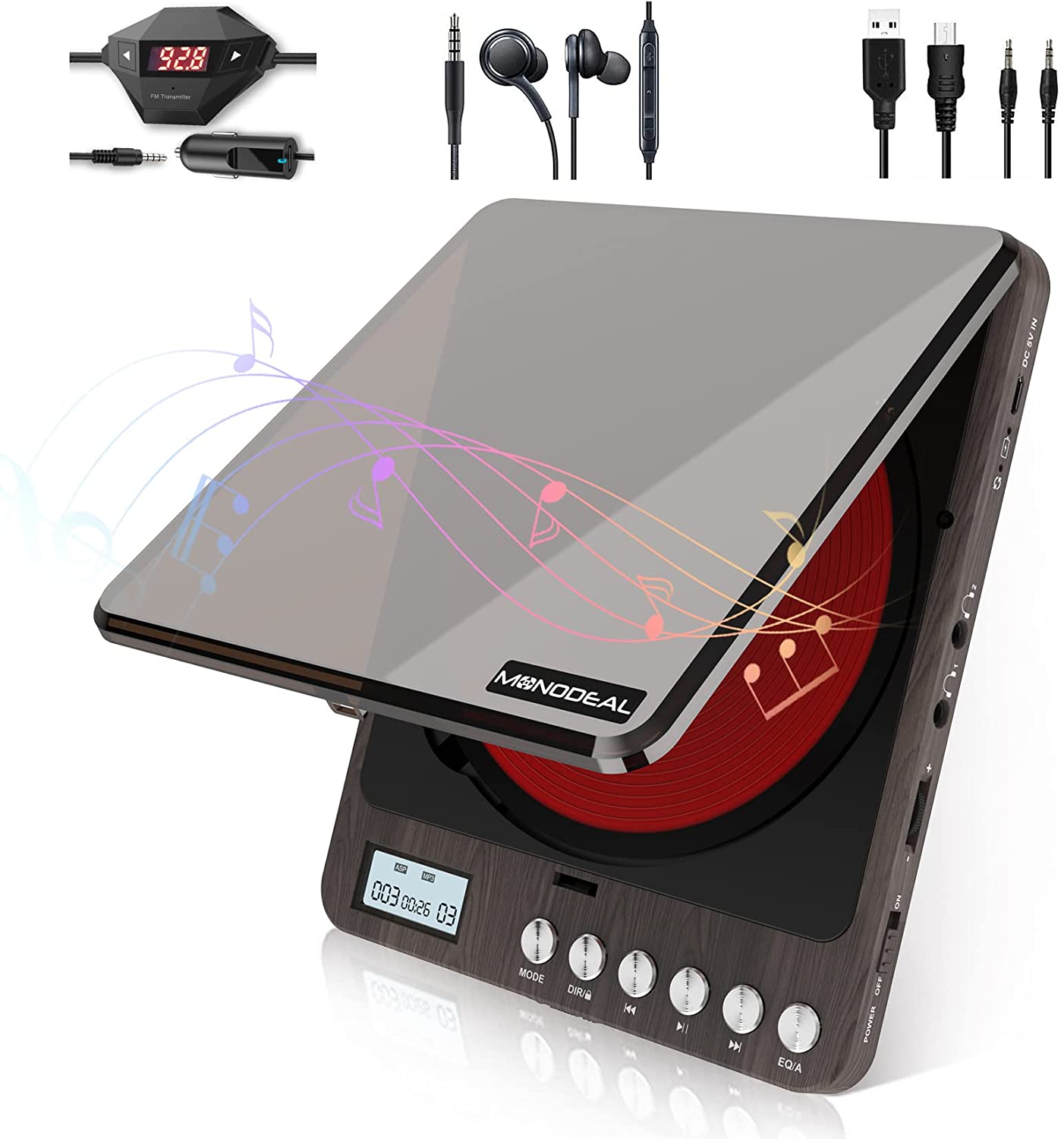 Portable CD Player for Car with AUX & FM, MONODEAL Rechargeable CD Player Portable for Home Travel, Anti-Skip Protection, Personal Compact CD Player with Dual Headphone Jacks