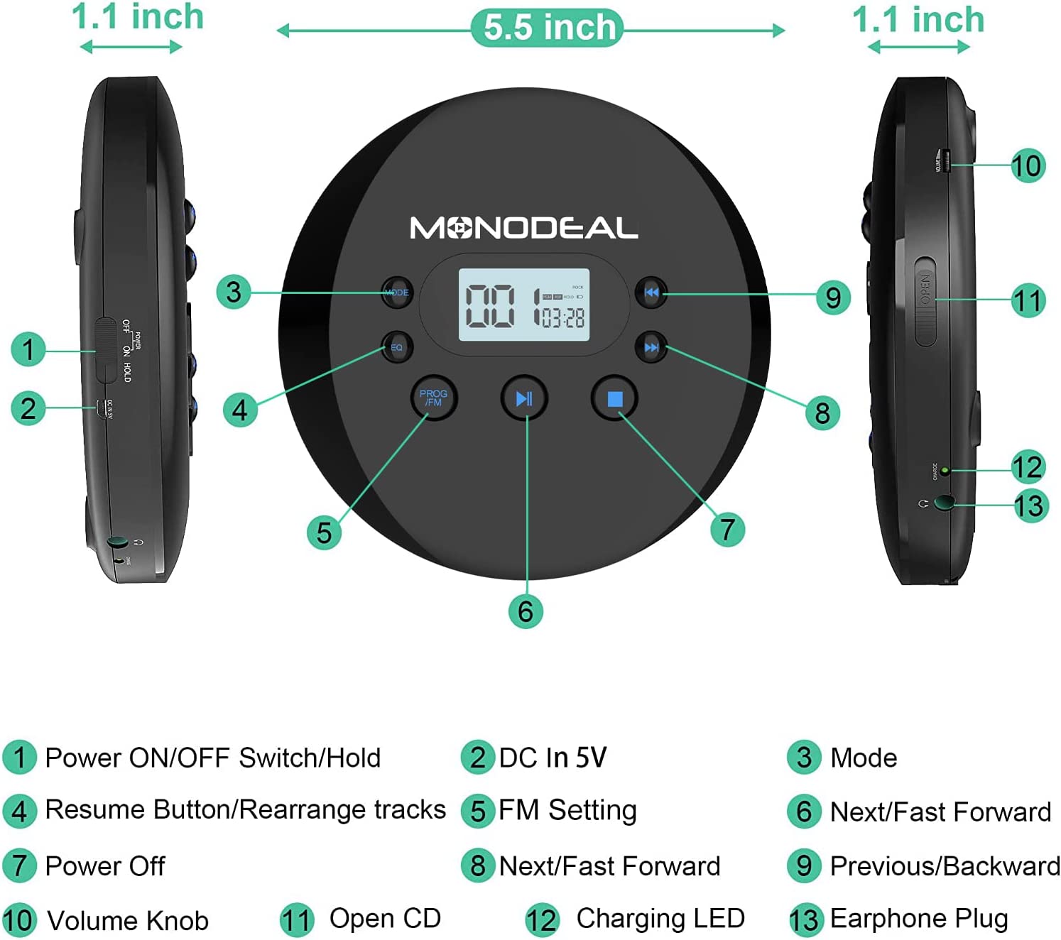 CD Player Portable, MONODEAL Portable CD Player with FM Transmitter, Rechargeable CD Player for Car for Home Travel with Anti-Skip Protection Compact CD Player Walkman with Headphones