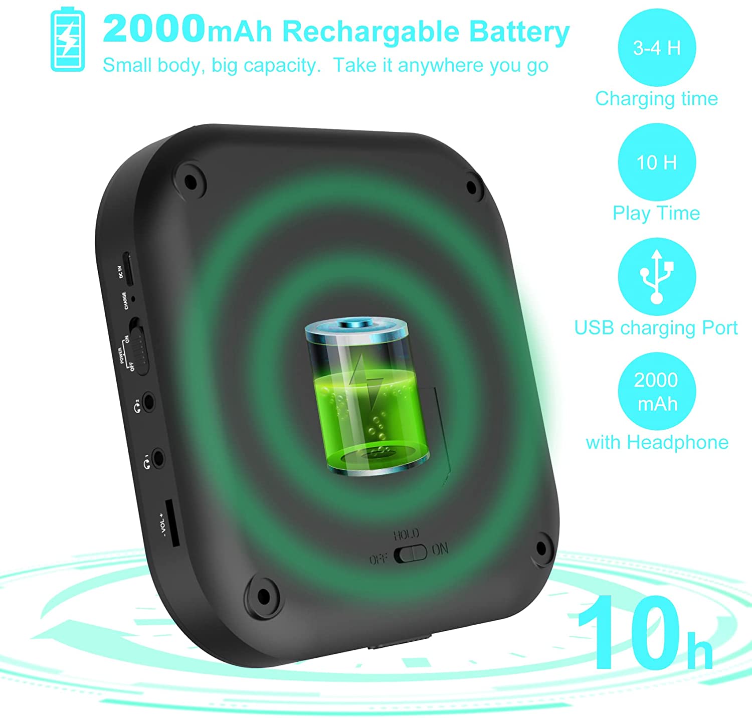 MONODEAL Portable CD Player with Speaker Rechargeable CD Player with FM Transmitter CD Player Portable for Car for Home Travel with Headphone CD Player Portable for Walkman