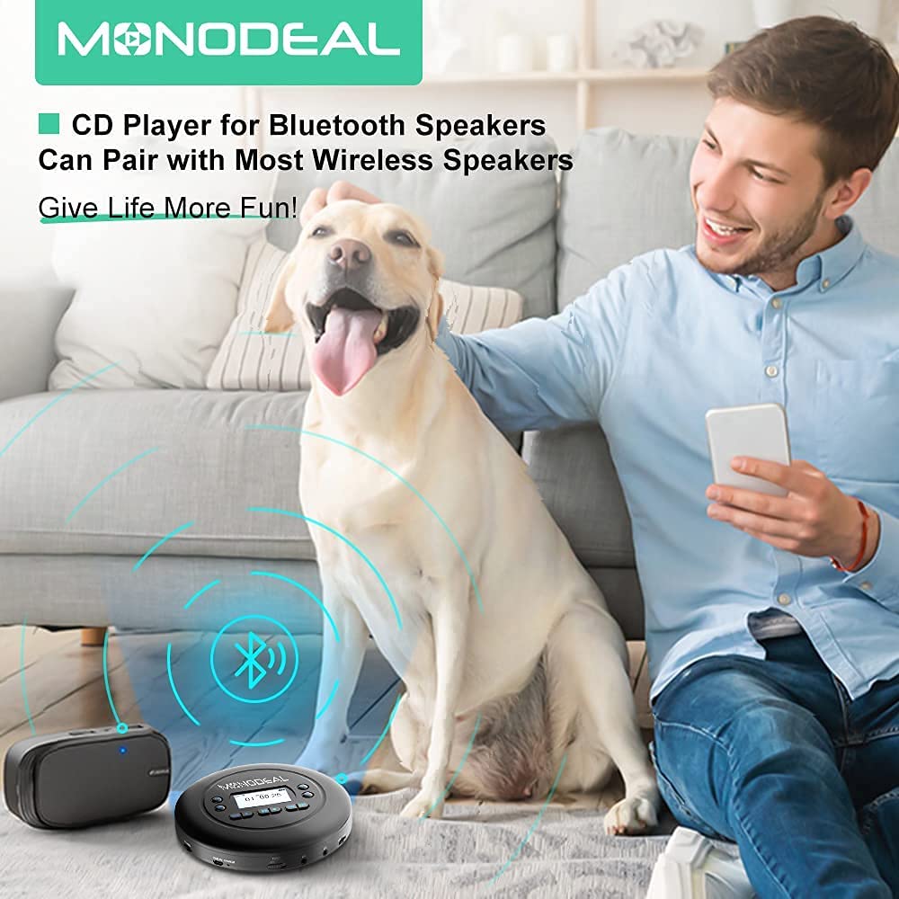 CD Player Portable, MONODEAL Bluetooth CD Player for Car and Personal Use, Rechargeable Compact Small Walkman CD Player with Headphones