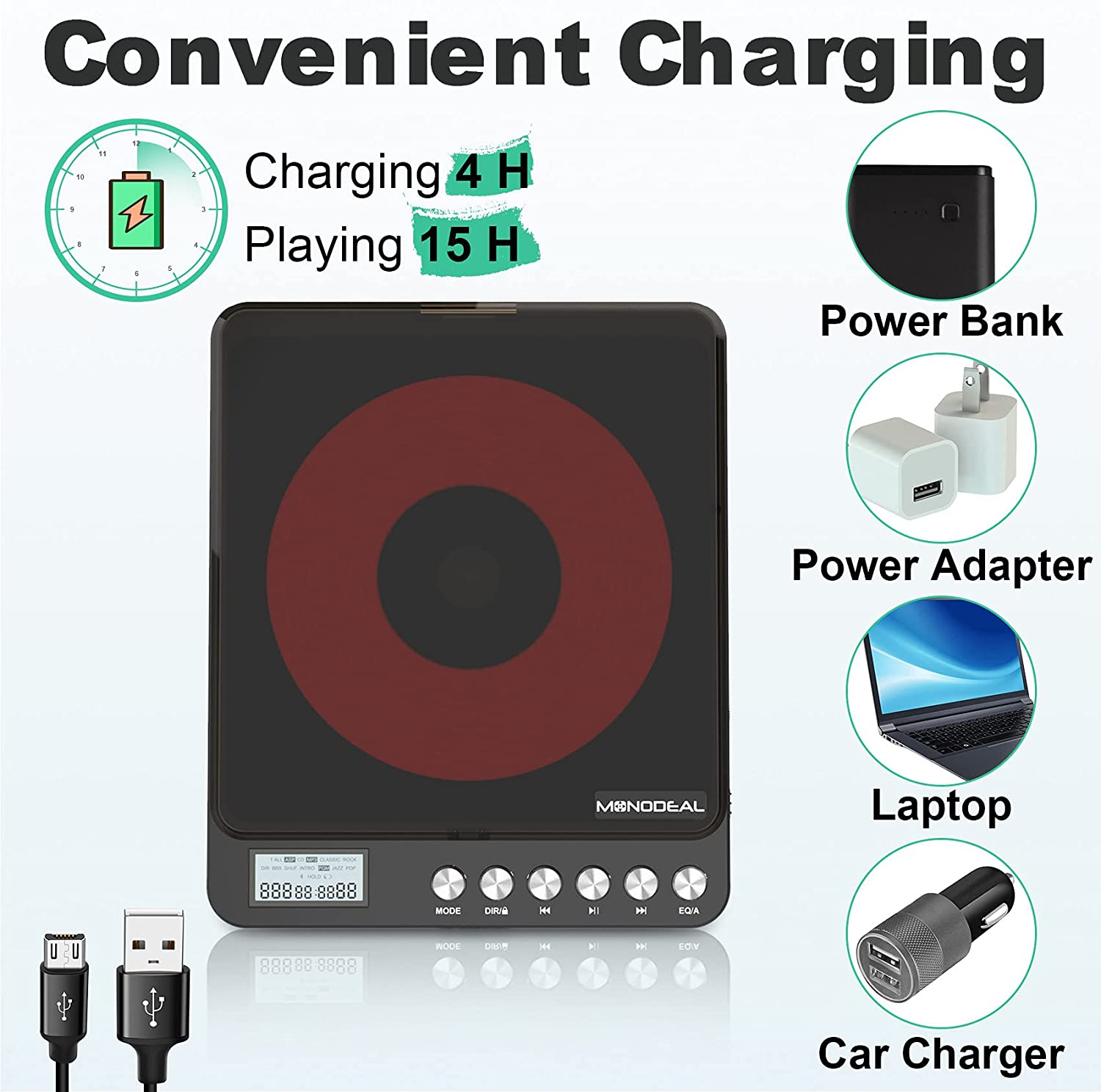 Portable CD Player with Built-in Speakers, MONODEAL Rechargeable CD Player for Car and Personal Use, Small Anti-Skip CD Player with Dual Headphone Jacks ( Black )