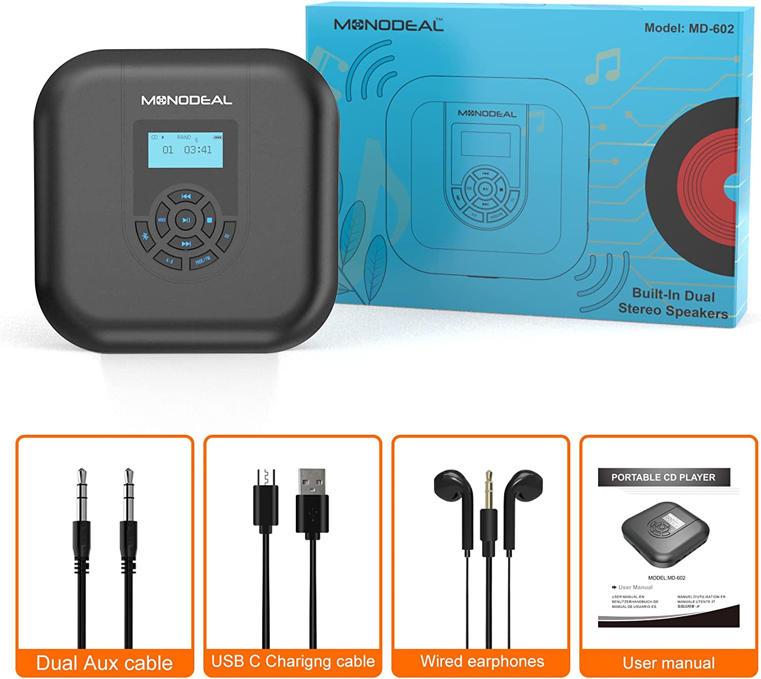 CD Player Portable, MONODEAL Bluetooth CD Player with Speakers and FM Transmitter, Rechargeable 1800mAh CD Player for Car and Home with LED Screen