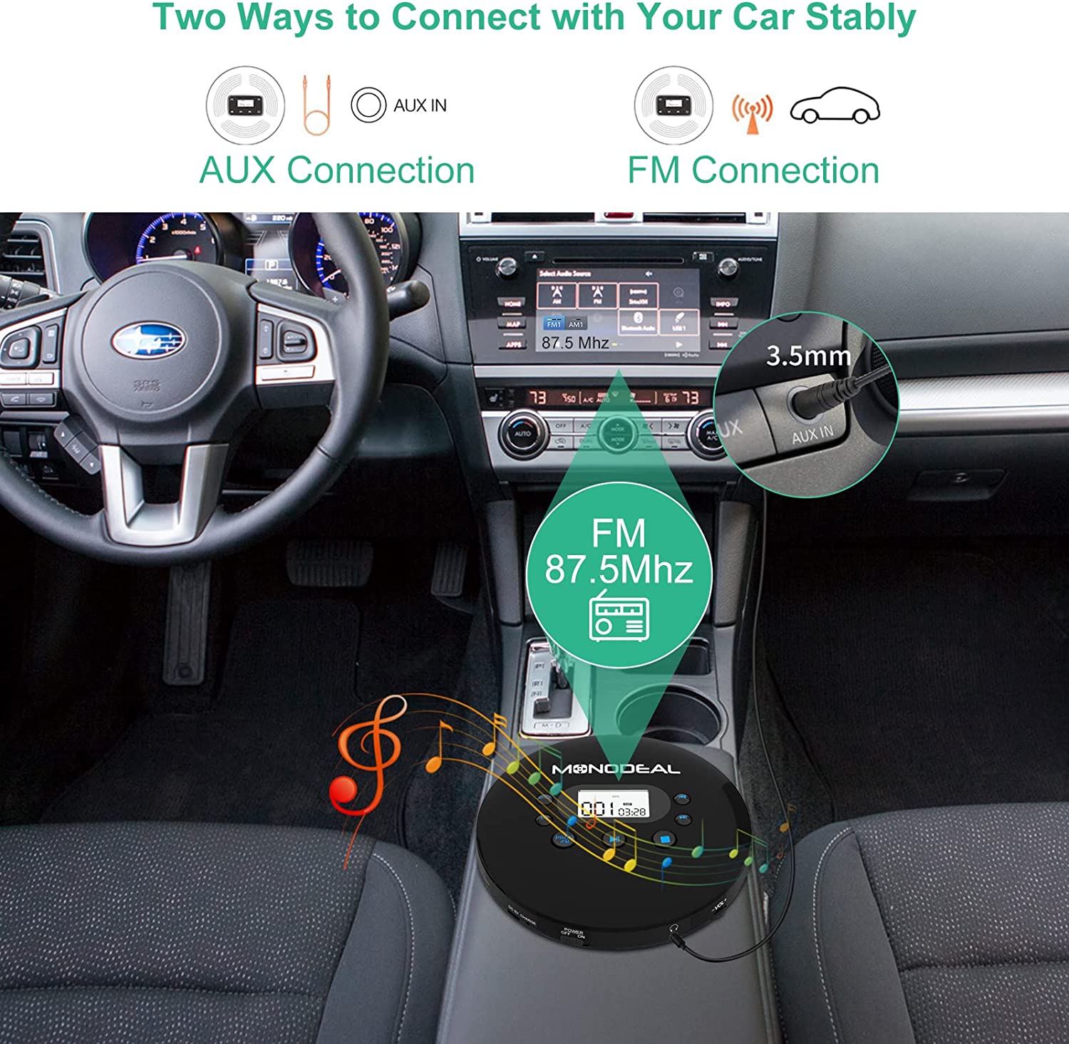CD Player Portable, MONODEAL Portable CD Player with FM Transmitter, Rechargeable CD Player for Car for Home Travel with Anti-Skip Protection Compact CD Player Walkman with Headphones