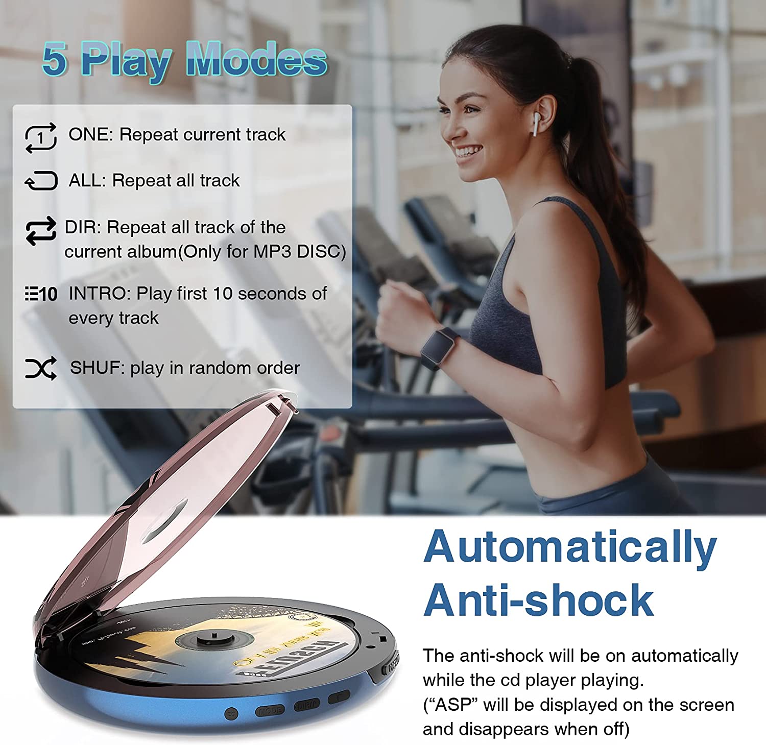 CD Player Portable, MONODEAL Portable CD Player for Car Anti-Skip Protection, Rechargeable Walkman CD Player with Headphones for Running & Traveling, Personal Compact CD Player for Seniors, Adult,Kids