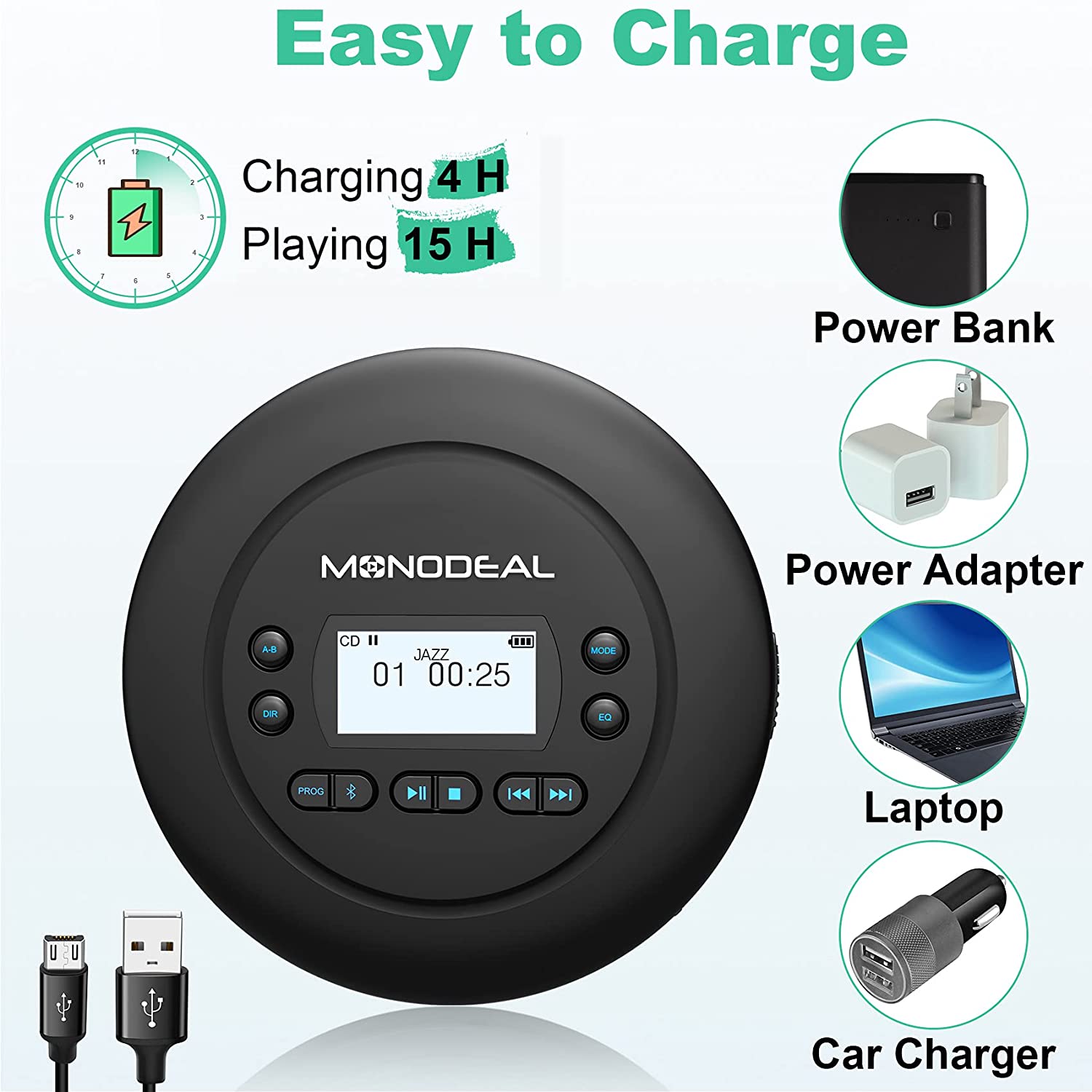 CD Player Portable, MONODEAL Bluetooth CD Player for Car and Personal Use, Rechargeable Compact Small Walkman CD Player with Headphones