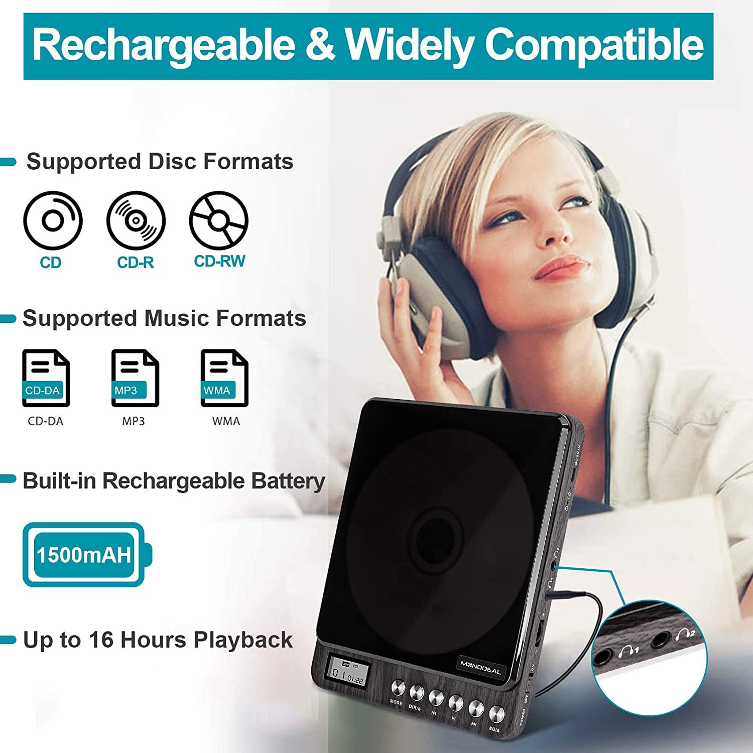CD Player Portable, MONODEAL Portable Rechargeable CD Player with Dual Headphones Jack, Small Anti-Skip CD Player for Car/Travel/Home Portable, Personal CD Player for Adults Kids (Dark Brown)