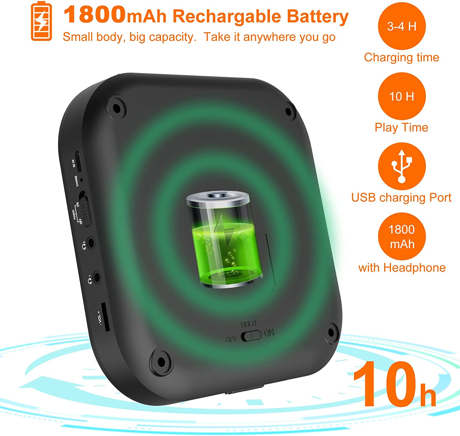 CD Player Portable, MONODEAL Bluetooth CD Player with Speakers and FM Transmitter, Rechargeable 1800mAh CD Player for Car and Home with LED Screen