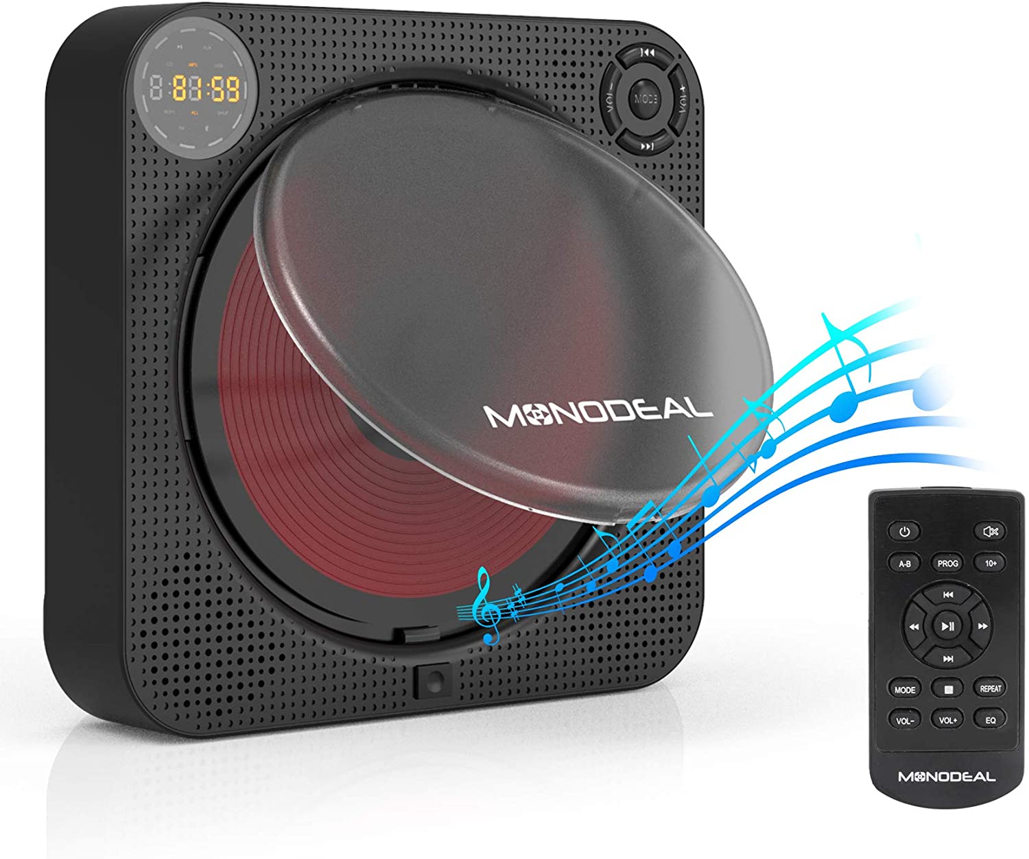 CD Player Boombox with Bluetooth, MONODEAL Portable Rechargeable CD Player with Built-in Speakers, Wall CD Player for Home, CD Player for Car and Outdoors (with Remote Control and Built-in FM Radio)