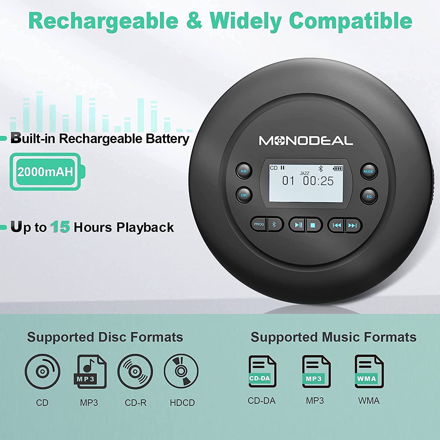 CD Player Portable, MONODEAL Bluetooth CD Player for Car and Personal Use, Rechargeable Compact Small Walkman CD Player with Headphones