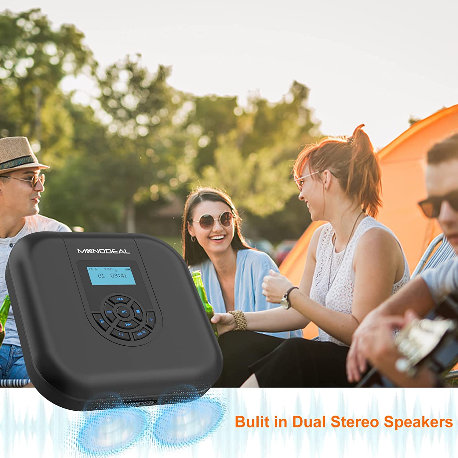 CD Player Portable, MONODEAL Bluetooth CD Player with Speakers and FM Transmitter, Rechargeable 1800mAh CD Player for Car and Home with LED Screen