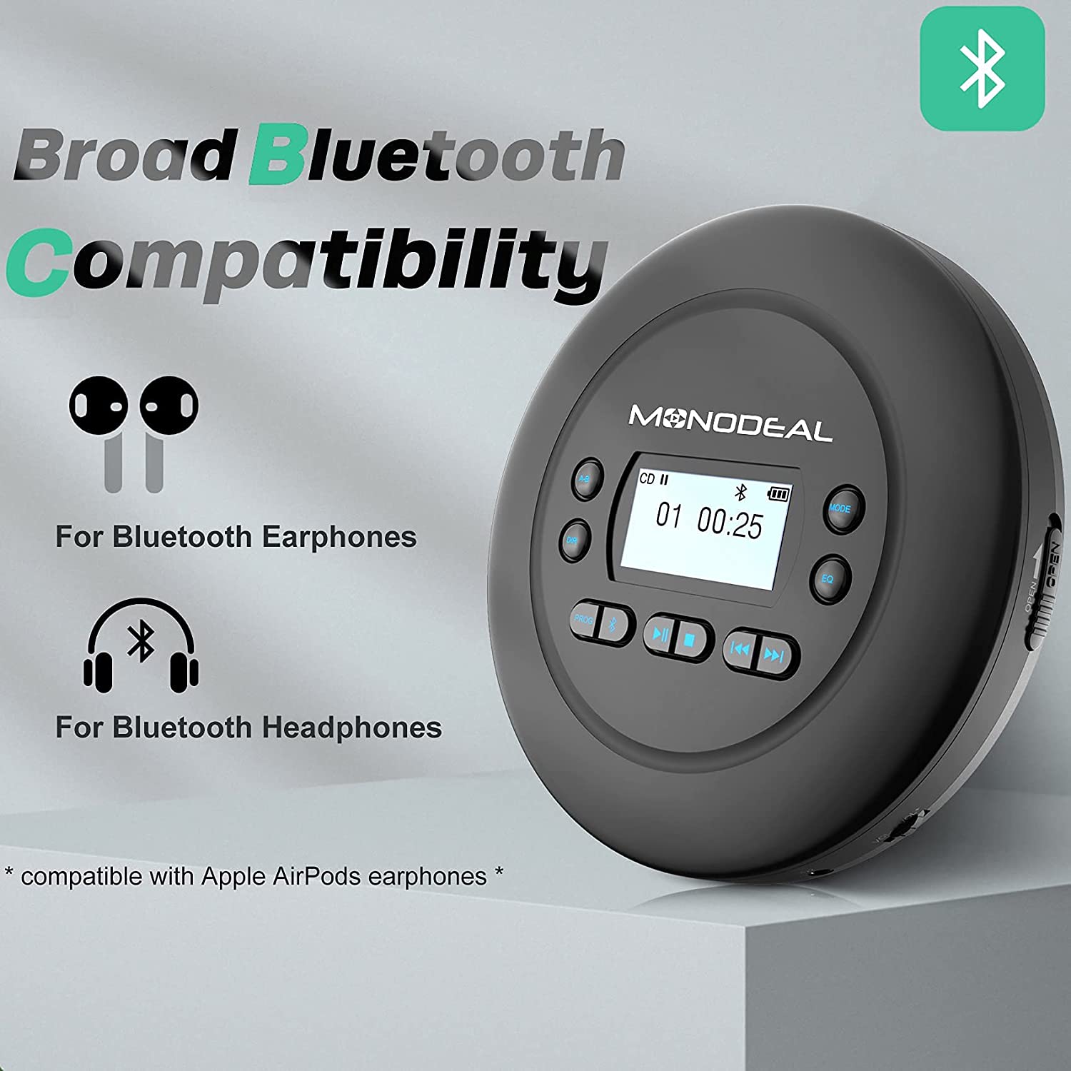 CD Player Portable, MONODEAL Bluetooth CD Player for Car and Personal Use, Rechargeable Compact Small Walkman CD Player with Headphones