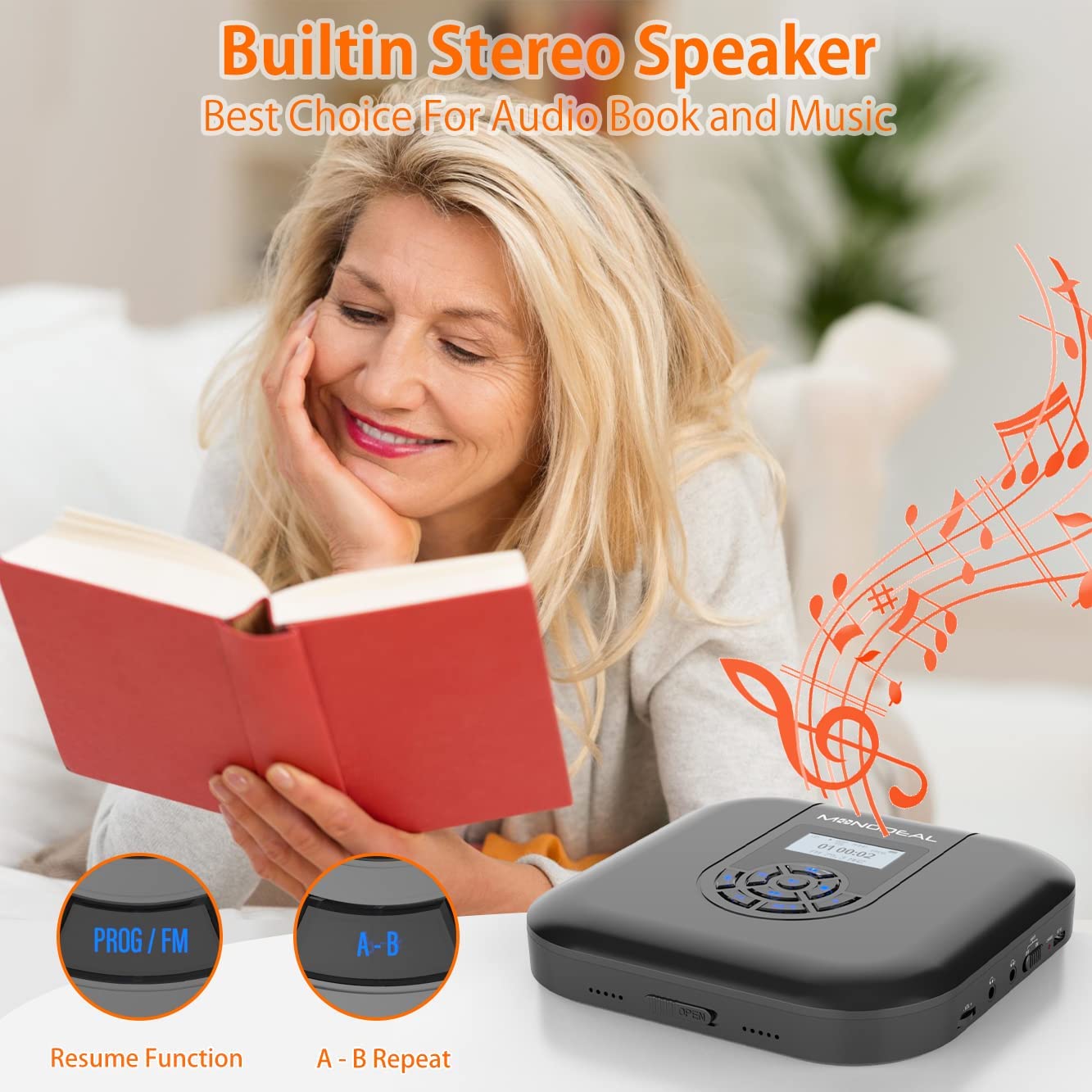 CD Player Portable, MONODEAL Bluetooth CD Player with Speakers and FM Transmitter, Rechargeable 1800mAh CD Player for Car and Home with LED Screen