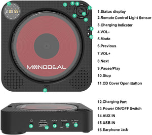 CD Player Boombox with Bluetooth, MONODEAL Portable Rechargeable CD Player with Built-in Speakers, Wall CD Player for Home, CD Player for Car and Outdoors (with Remote Control and Built-in FM Radio)
