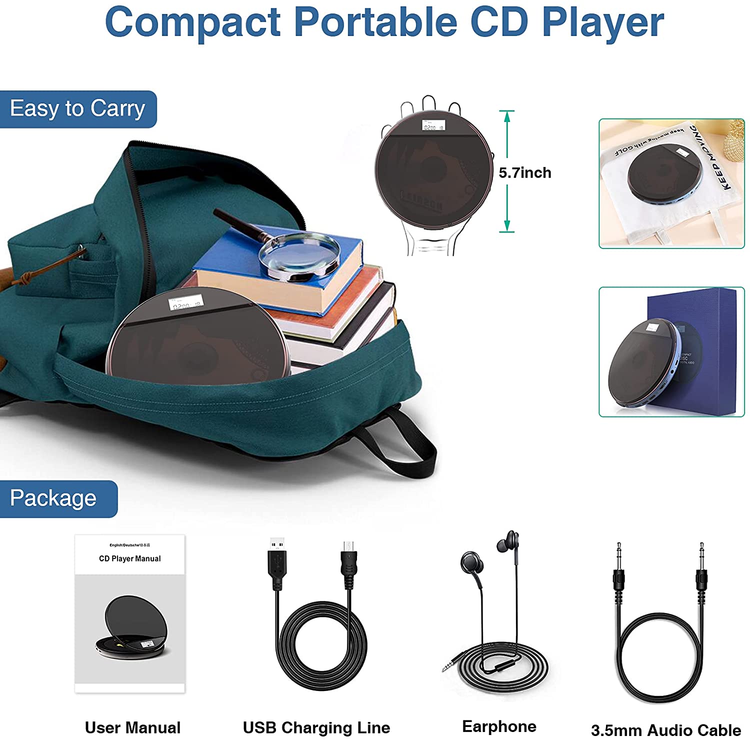 CD Player Portable, MONODEAL Portable CD Player for Car Anti-Skip Protection, Rechargeable Walkman CD Player with Headphones for Running & Traveling, Personal Compact CD Player for Seniors, Adult,Kids