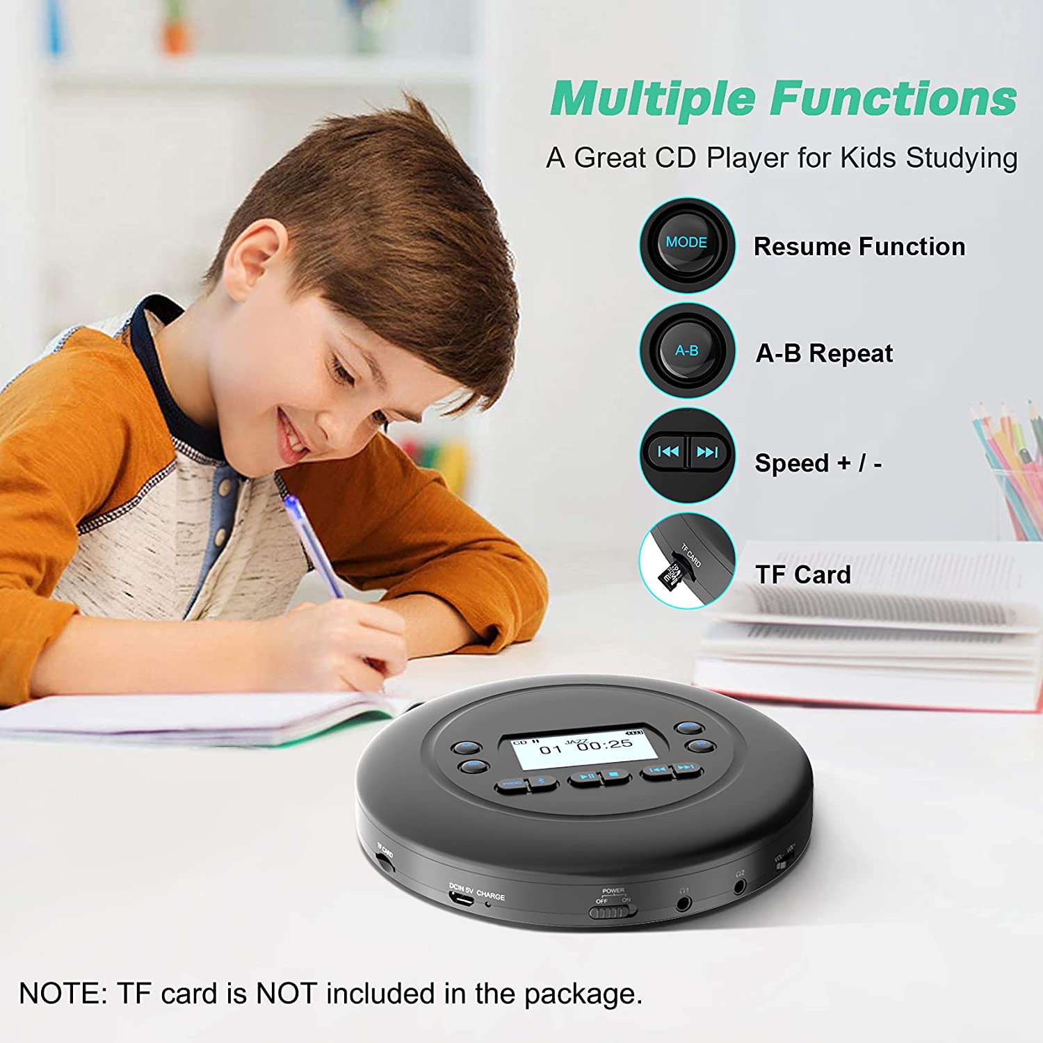 CD Player Portable, MONODEAL Bluetooth CD Player for Car and Personal Use, Rechargeable Compact Small Walkman CD Player with Headphones