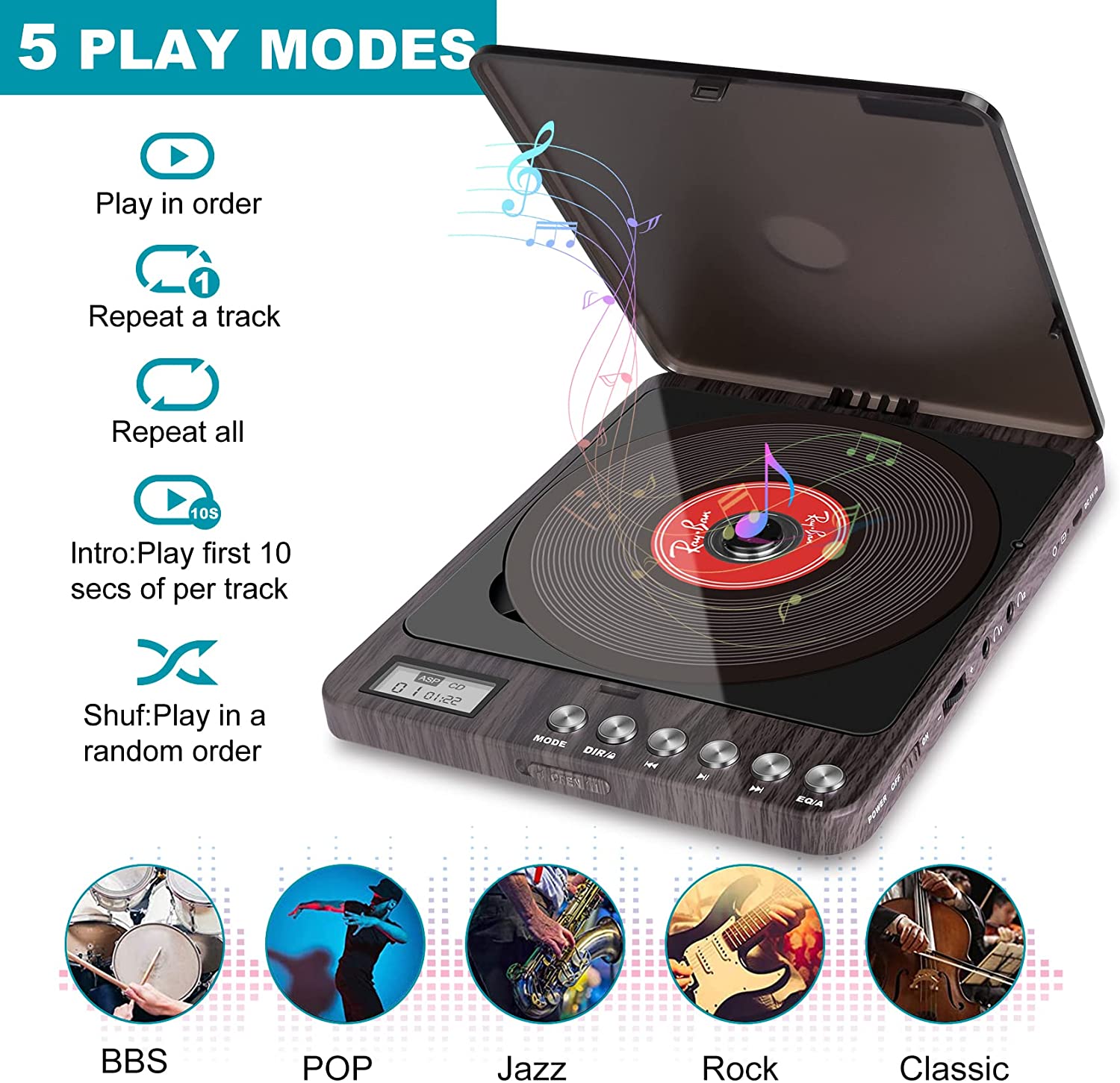 Portable CD Player for Car with AUX & FM, MONODEAL Rechargeable CD Player Portable for Home Travel, Anti-Skip Protection, Personal Compact CD Player with Dual Headphone Jacks