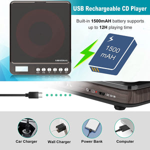 Portable CD Player for Car with AUX & FM, MONODEAL Rechargeable CD Player Portable for Home Travel, Anti-Skip Protection, Personal Compact CD Player with Dual Headphone Jacks