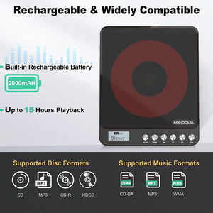 Portable CD Player with Built-in Speakers, MONODEAL Rechargeable CD Player for Car and Personal Use, Small Anti-Skip CD Player with Dual Headphone Jacks ( Black )
