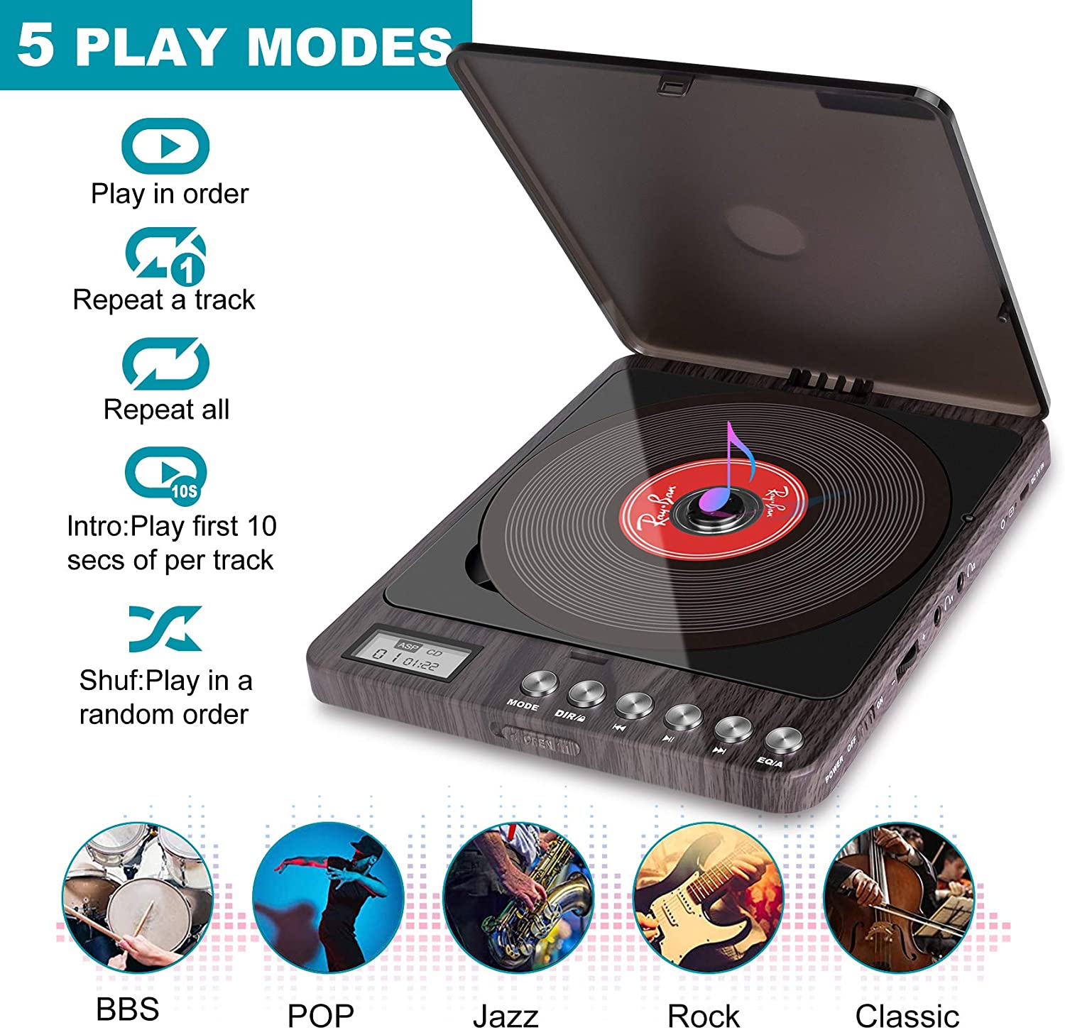 CD Player Portable, MONODEAL Portable Rechargeable CD Player with Dual Headphones Jack, Small Anti-Skip CD Player for Car/Travel/Home Portable, Personal CD Player for Adults Kids (Dark Brown)