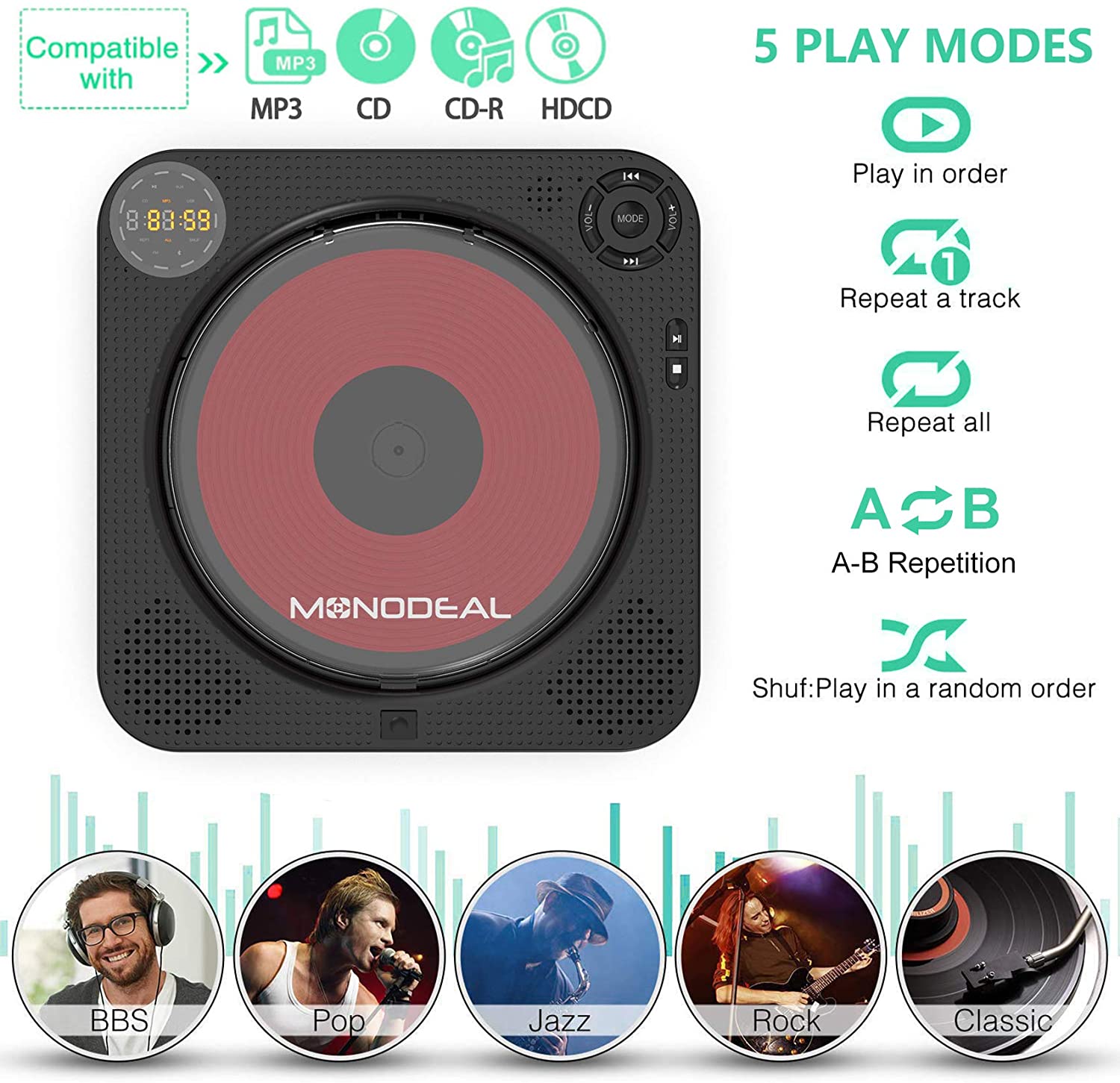 CD Player Boombox with Bluetooth, MONODEAL Portable Rechargeable CD Player with Built-in Speakers, Wall CD Player for Home, CD Player for Car and Outdoors (with Remote Control and Built-in FM Radio)