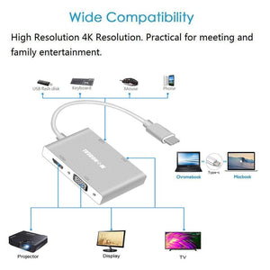 USB C to HDMI/DVI/VGA Adapter, Monodeal 4 in 1 USB 3.0 Type-C Hub VGA/HDMI/DVI Video Adapter 4K UHD, Support HDMI&VGA, DVI&VGA Simultaneously, Male to Female Multi-Display Video Converter
