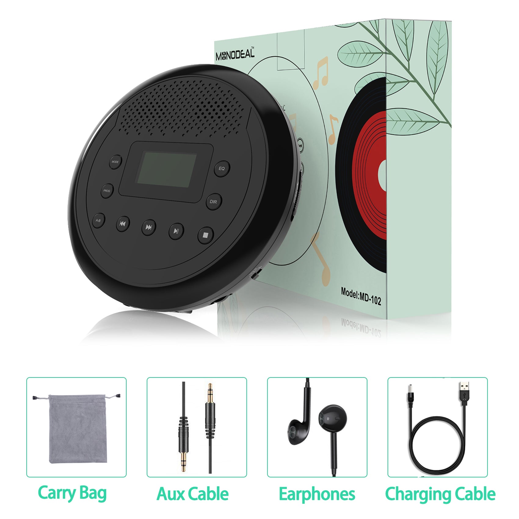 CD Player Portable, MONODEAL MD-109 Rechargeable Portable CD Player with Built-in Speakers for Car and Personal Use, Anti-Skip CD Player with Headphones