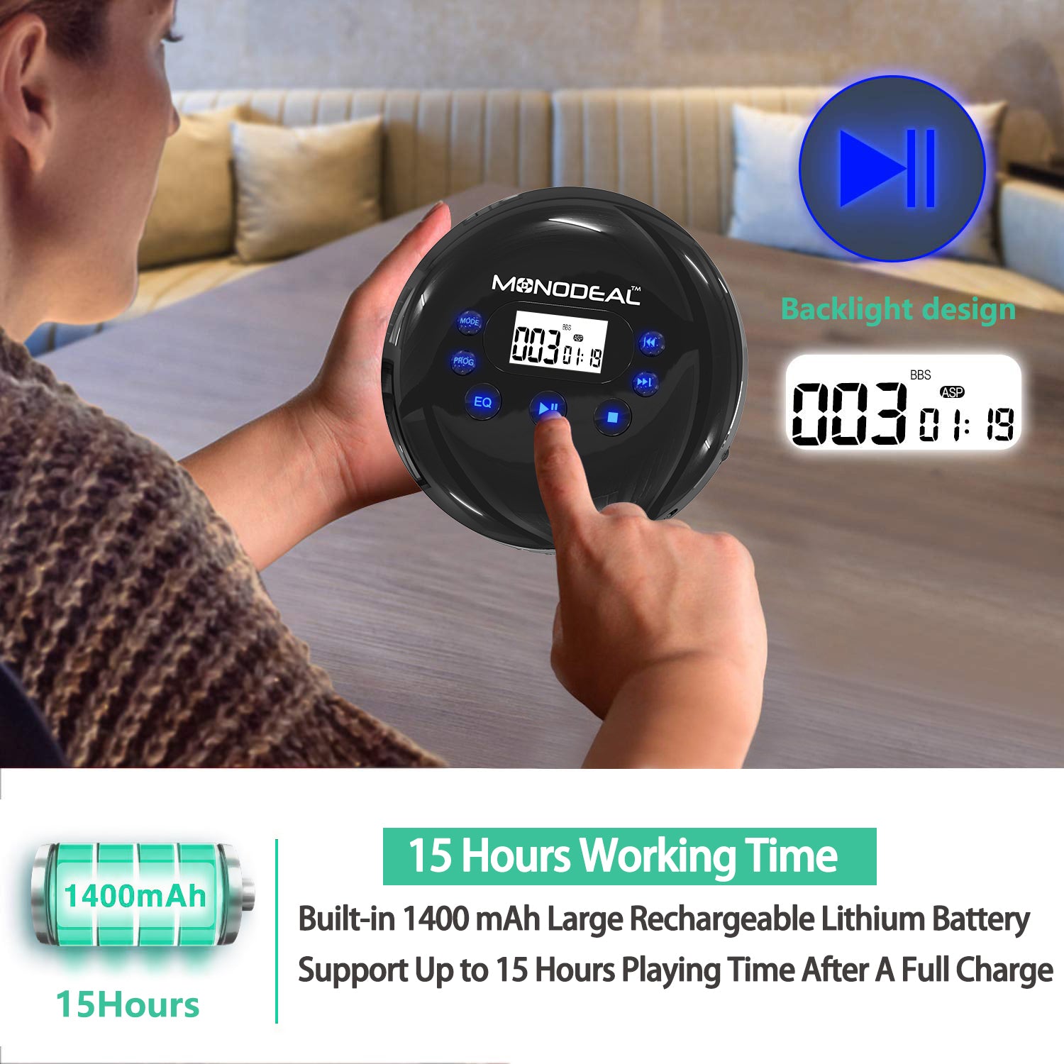Monodeal MD102 CD Player Anti-Skip/Anti-Shock Small Music CD Player with Large LCD Display for Cars Adults Kids Students