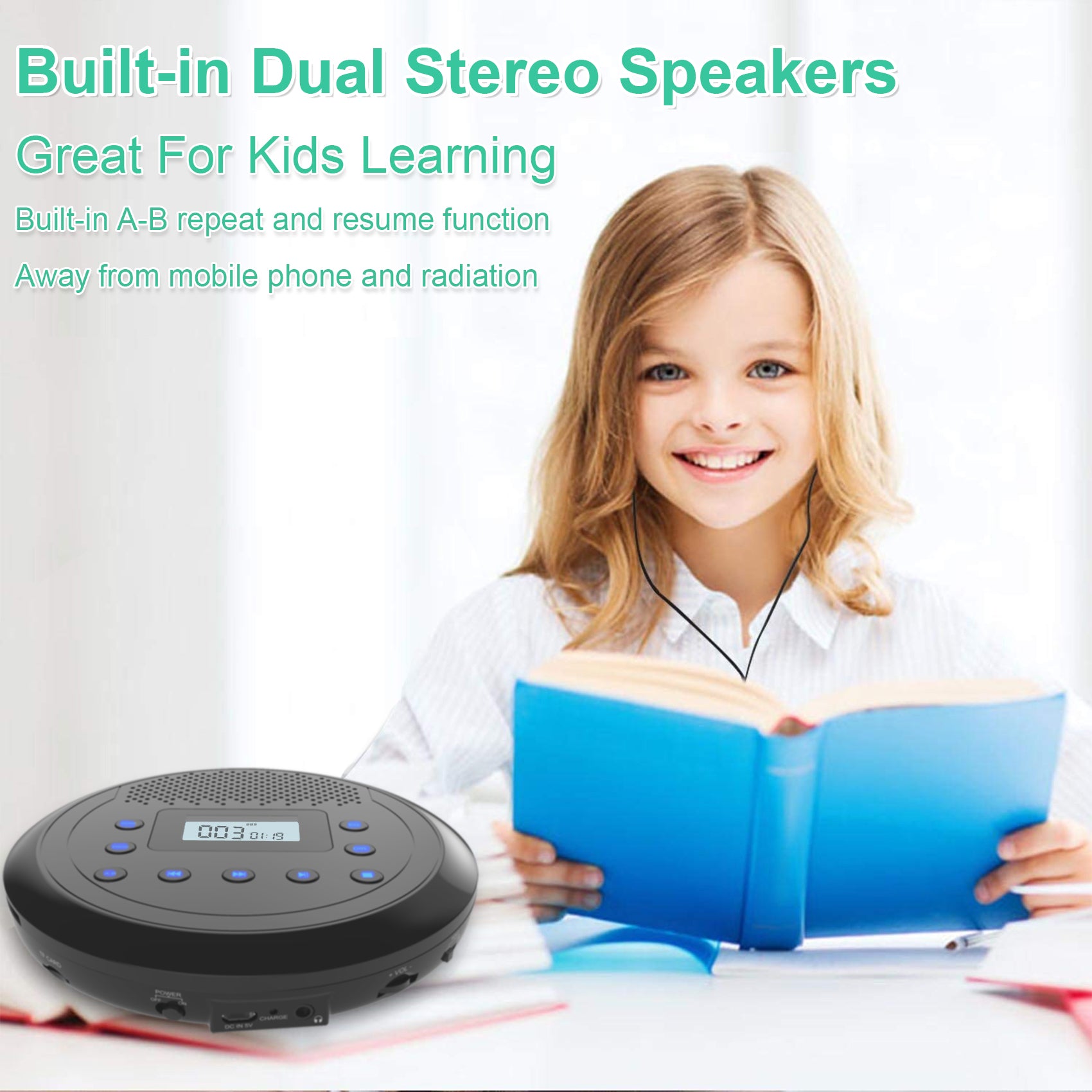 CD Player Portable, MONODEAL MD-109 Rechargeable Portable CD Player with Built-in Speakers for Car and Personal Use, Anti-Skip CD Player with Headphones